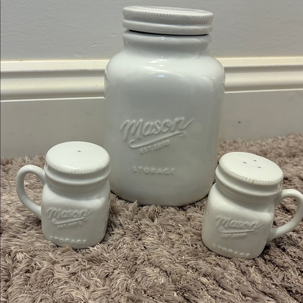 White porcelain Mason Jar with salt and pepper shakers